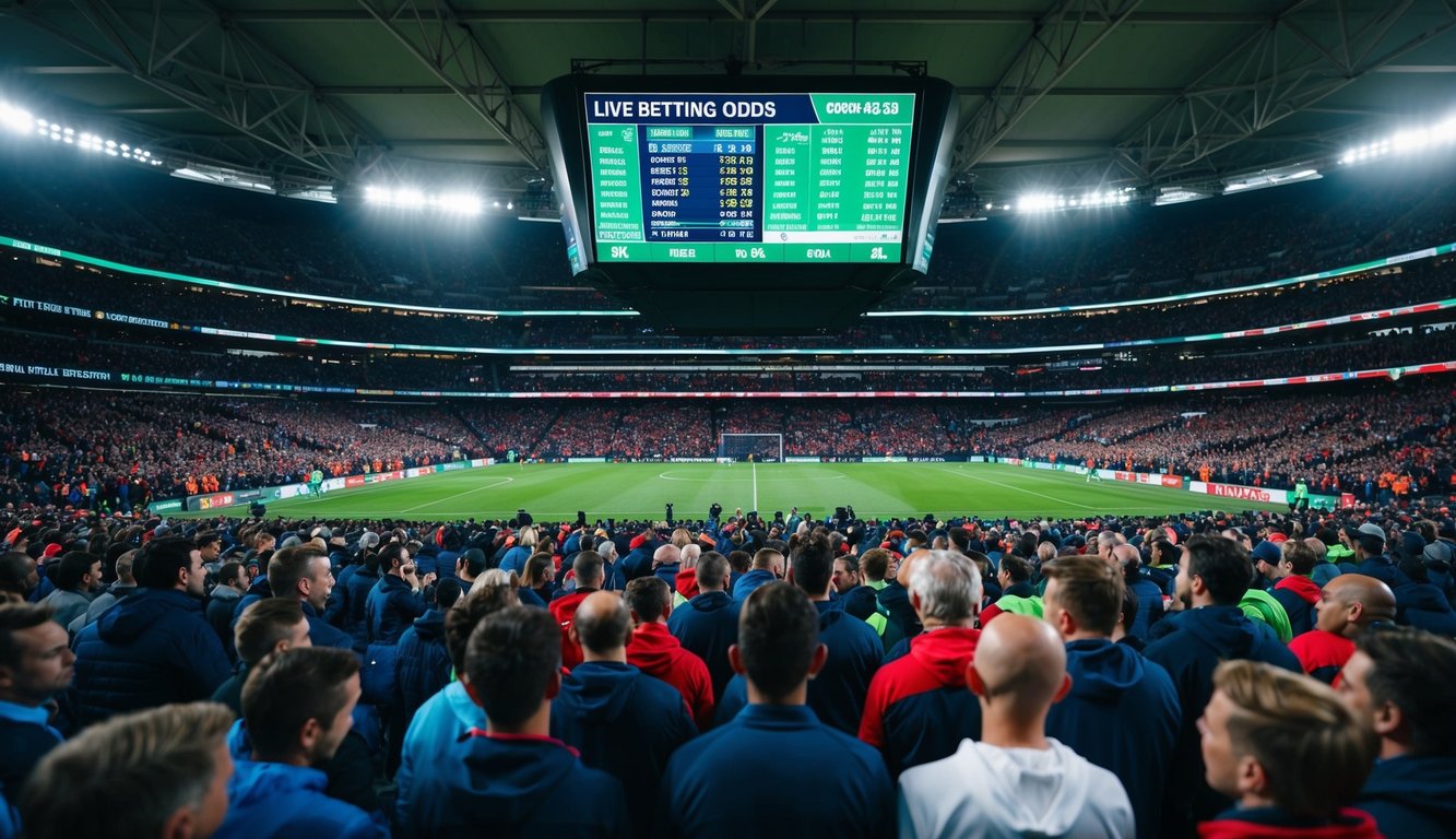 Sebuah stadion olahraga yang ramai dengan layar digital yang menampilkan peluang taruhan langsung