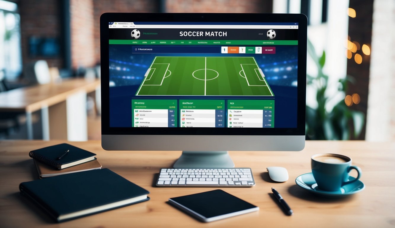 Sebuah layar komputer yang menampilkan pertandingan sepak bola dengan odds taruhan, dikelilingi oleh sebuah buku catatan, pulpen, dan secangkir kopi