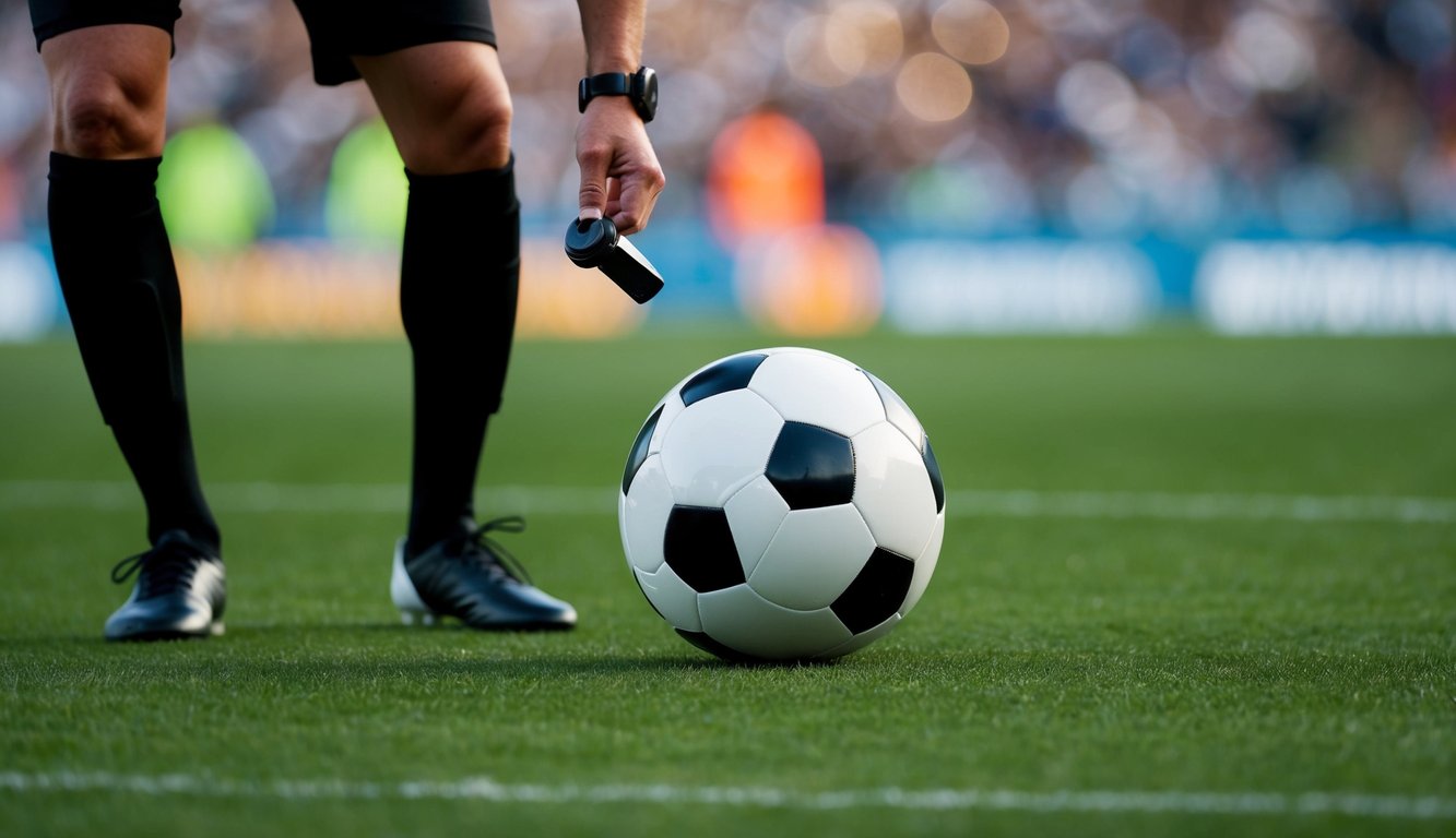 Sebuah bola sepak dan peluit wasit di lapangan hijau