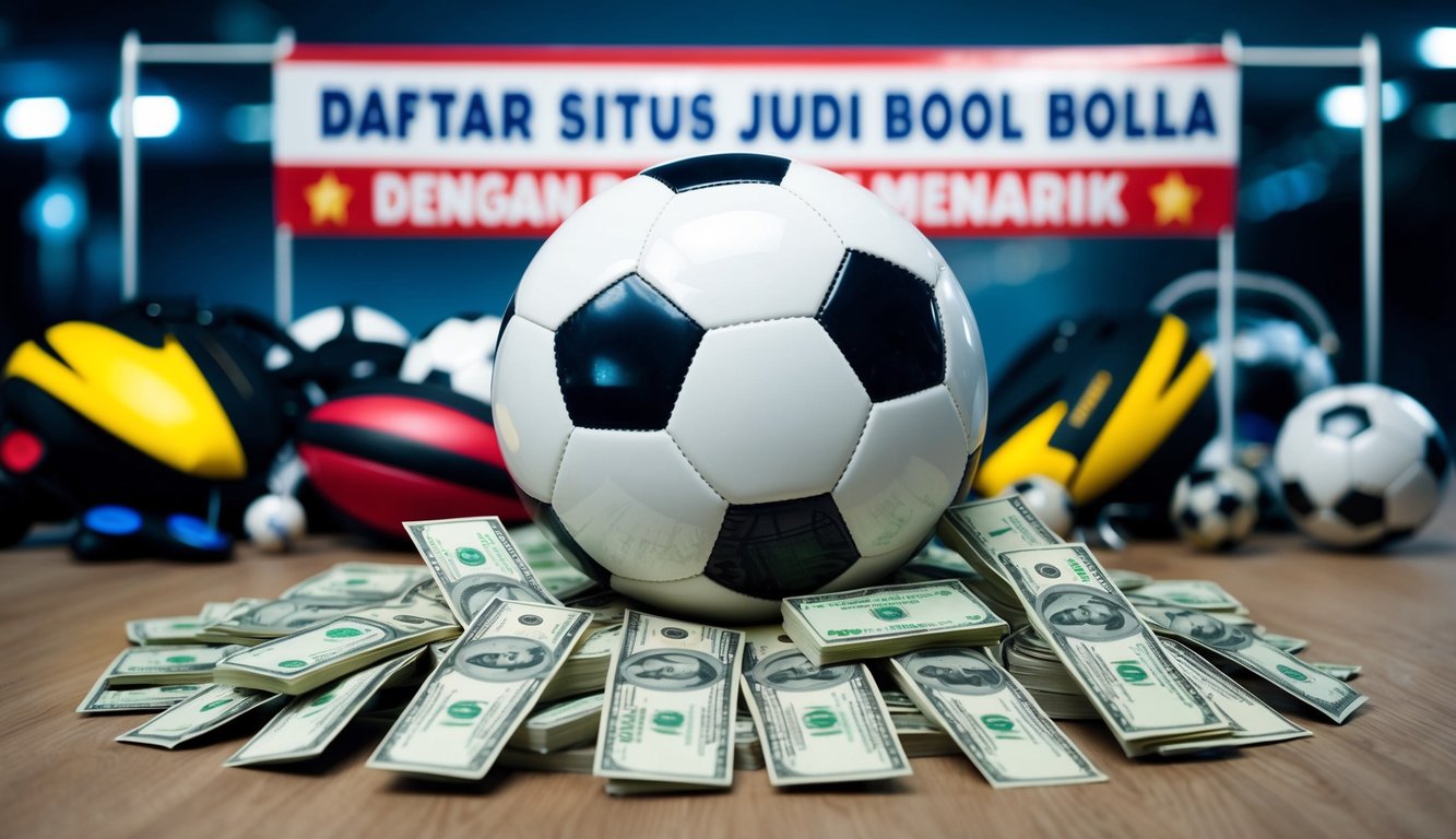 Sebuah bola sepak dikelilingi oleh berbagai peralatan olahraga dan tumpukan uang tunai, dengan spanduk yang menampilkan "Daftar situs judi bola dengan bonus menarik" di latar belakang