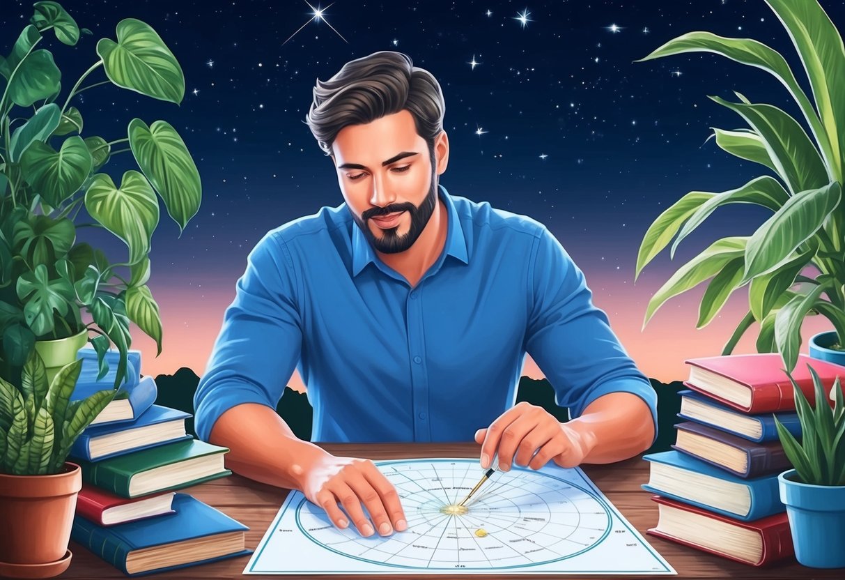 A virgo man surrounded by books and plants, analyzing a star chart under a clear night sky