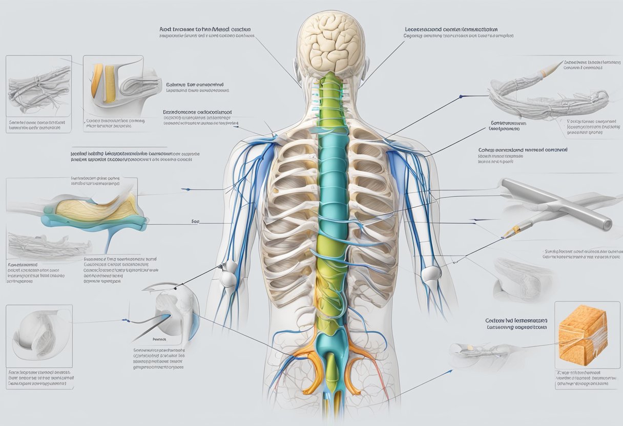 Un diagramme médical montrant la moelle épinière et les nerfs environnants, avec des zones surlignées indiquant des lésions potentielles et des outils de diagnostic à proximité.