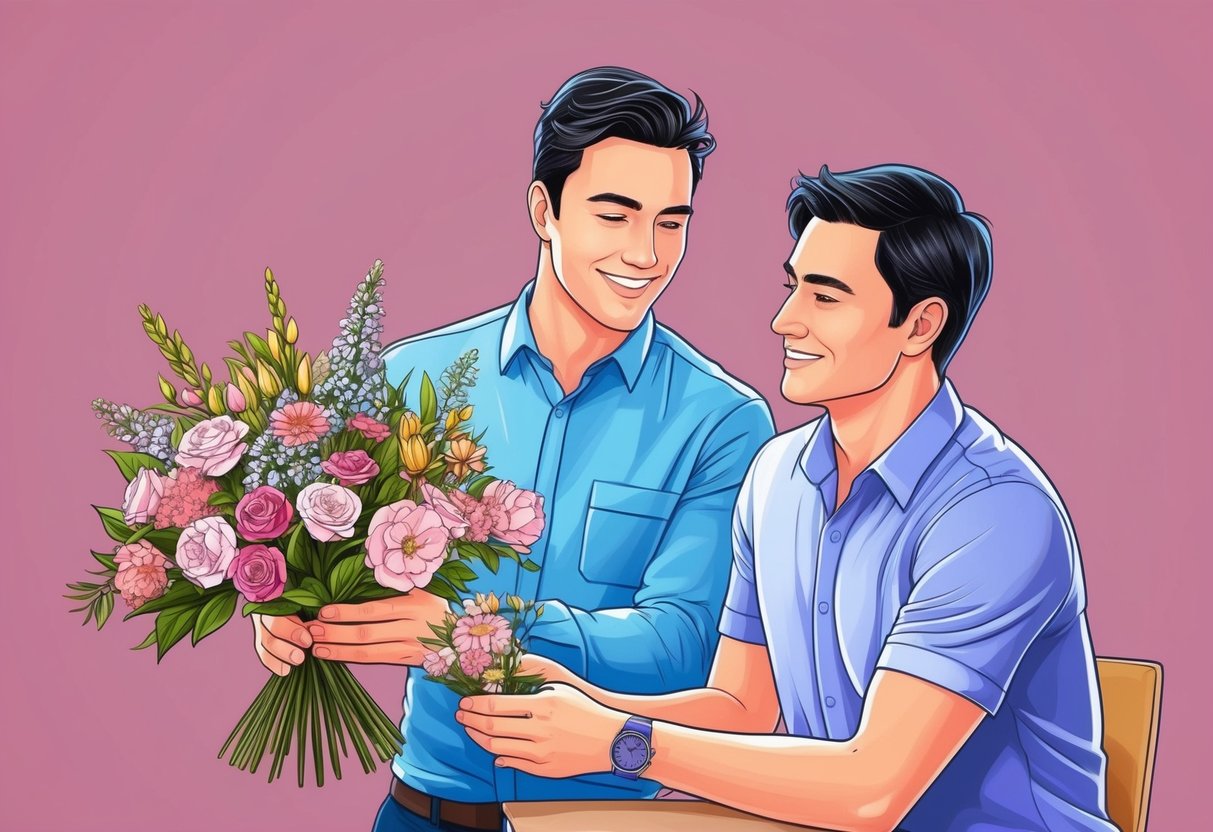 A Virgo man carefully organizes a bouquet of flowers for his partner, displaying thoughtfulness and attention to detail in his relationships