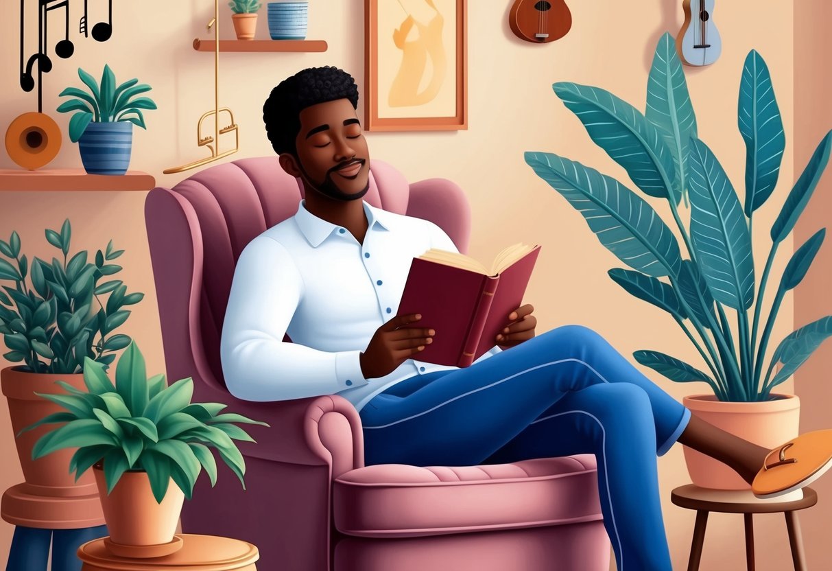 A virgo man peacefully reading a book in a cozy armchair surrounded by plants and musical instruments