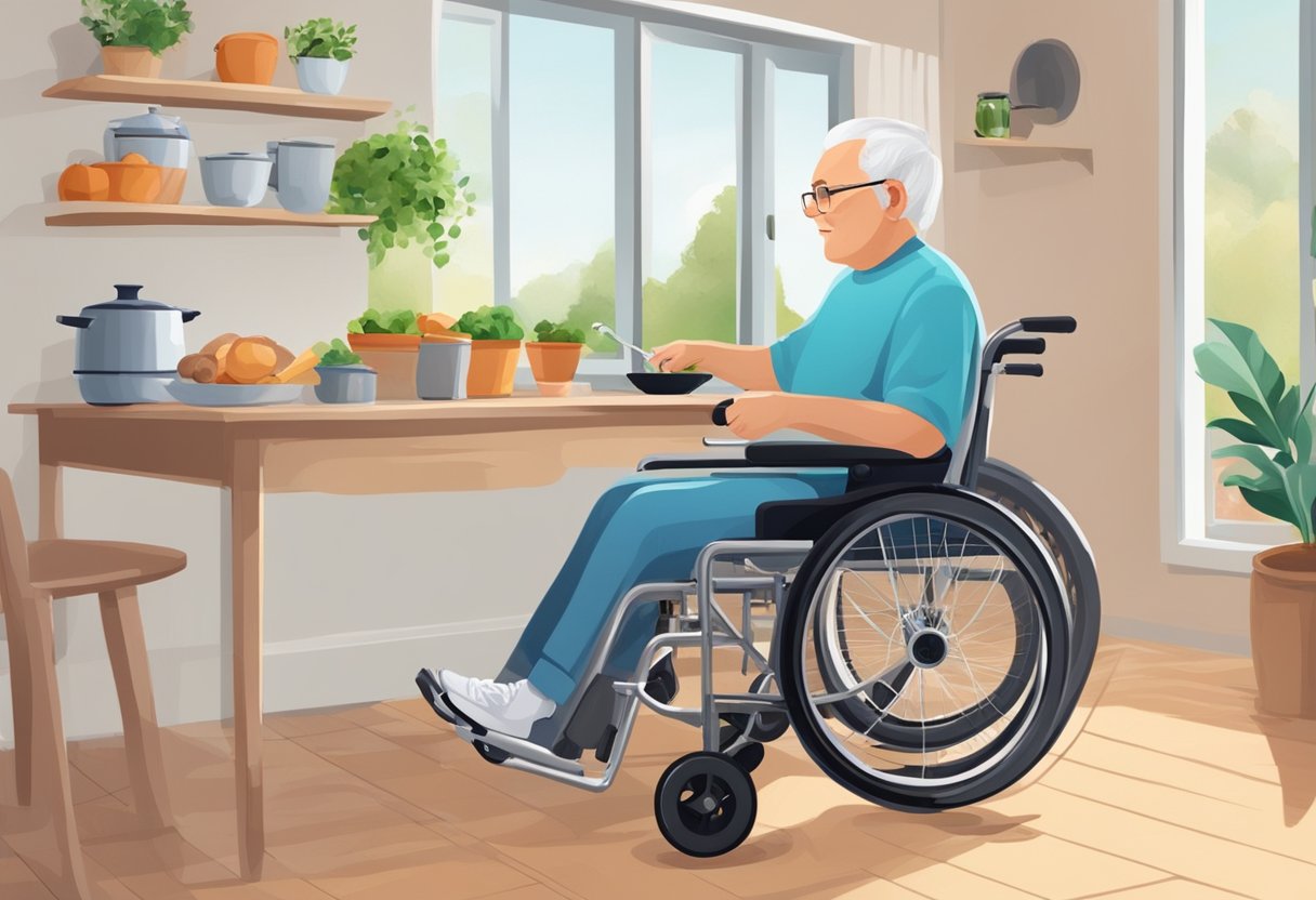 Une personne en fauteuil roulant s'engage dans des activités quotidiennes, comme cuisiner ou utiliser des dispositifs d'assistance, dans un environnement domestique.