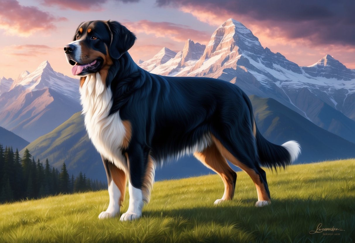 A Leonberger dog standing proudly on a grassy hill, with a majestic mountain range in the background