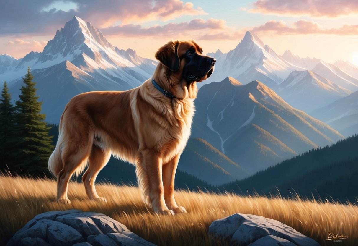 A Leonberger dog stands proudly in a mountainous landscape, with its thick, golden fur catching the sunlight as it gazes off into the distance