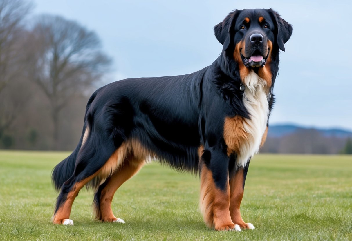 A large, majestic Leonberger dog standing proudly with a thick, water-resistant double coat, dark facial mask, and a gentle expression