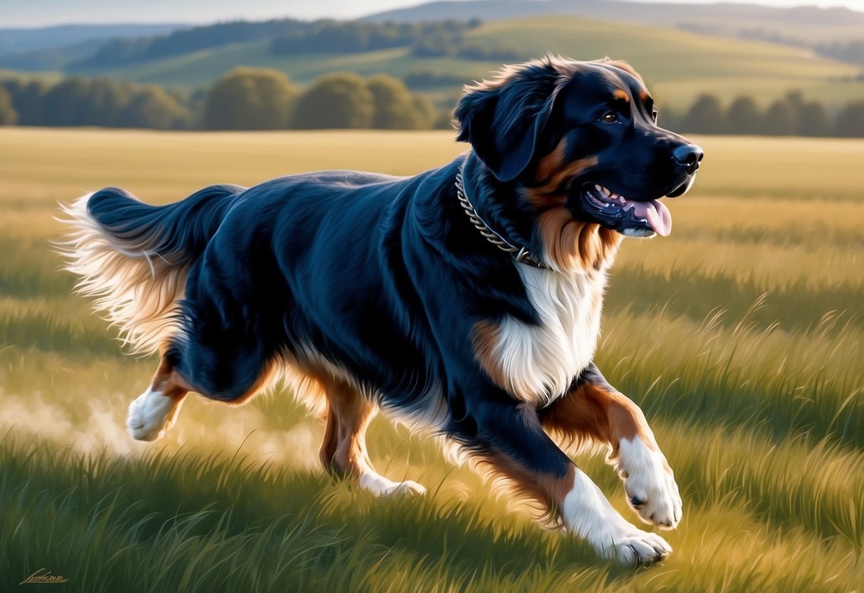 A Leonberger dog running through a grassy field, with a majestic and powerful appearance, exuding vitality and strength