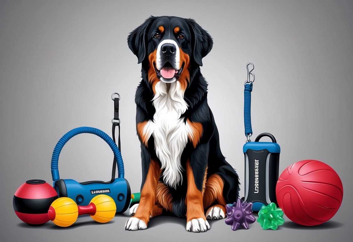 A Leonberger dog sits attentively, surrounded by training equipment and intelligence toys