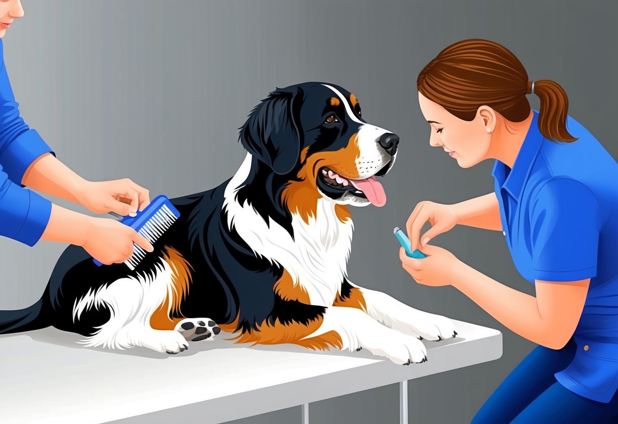 A Leonberger dog being groomed with a brush and comb, while a person trims its nails and checks its ears for cleanliness