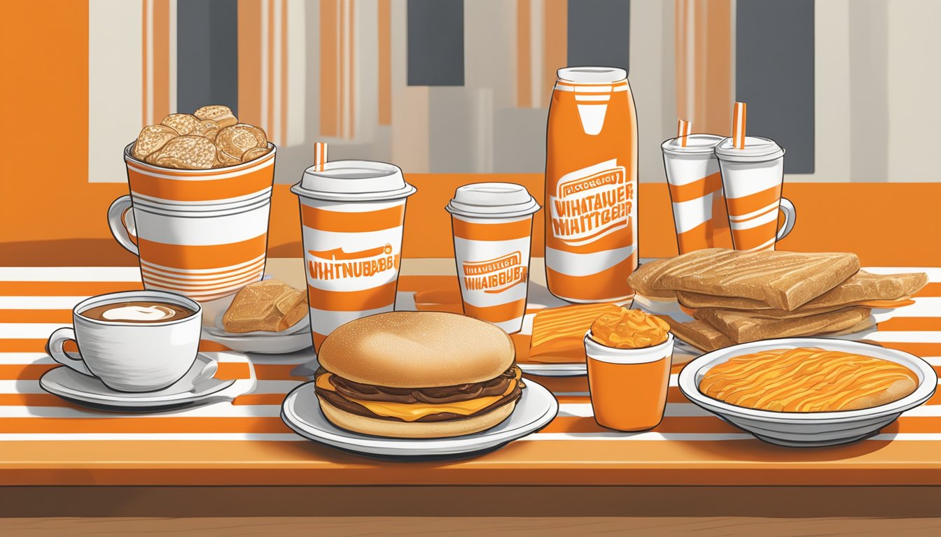 A display of Whataburger breakfast merchandise, including t-shirts and throw pillows, arranged on a table with the iconic orange and white striped design