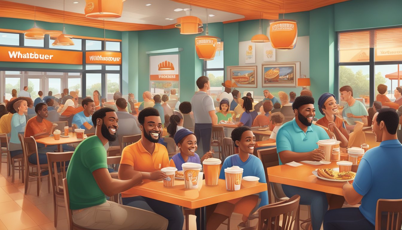 A bustling Whataburger restaurant at breakfast time, with a diverse group of celebrity fans enjoying their meals