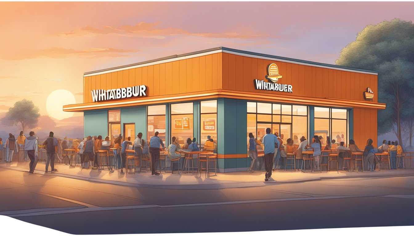 A bustling Whataburger restaurant at dawn, with a line of customers eagerly waiting for breakfast. Social media logos and hashtags prominently displayed on the store front