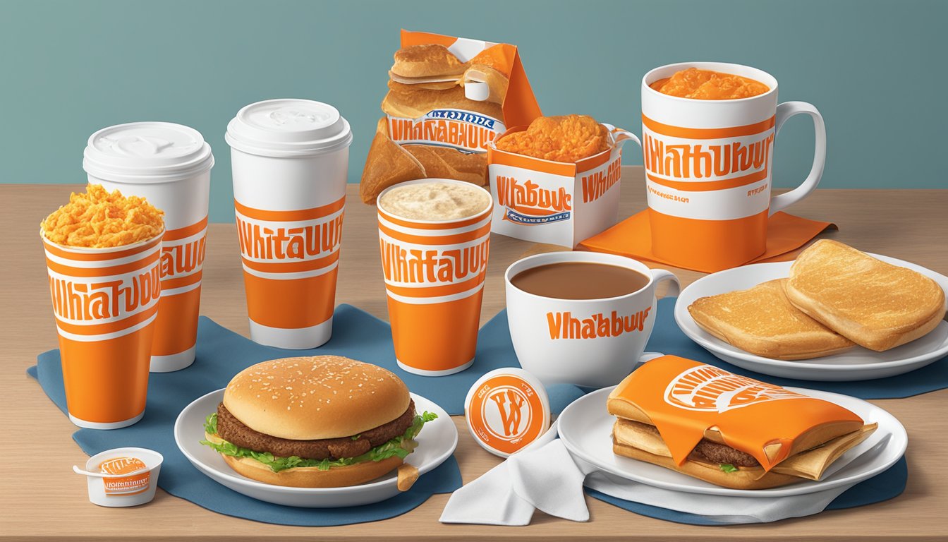 A colorful display of Whataburger breakfast merchandise, including t-shirts, mugs, and throw pillows, arranged on a table with the Whataburger logo prominently featured