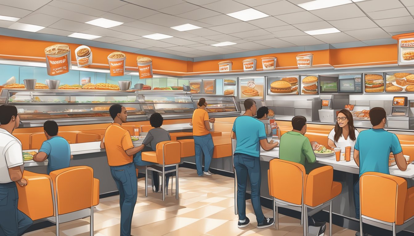 A bustling Whataburger restaurant with a line of hungry customers waiting to order and a display of mouthwatering breakfast offerings