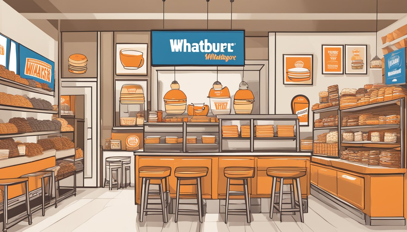 A cozy breakfast-themed merchandise display at Whatastore, featuring t-shirts, mugs, and throw pillows with Whataburger branding