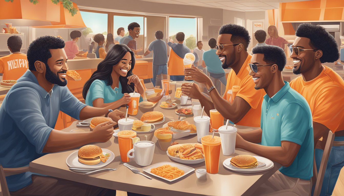 Celebrities enjoying Whataburger breakfast in various locations, such as on set, at events, or in their homes