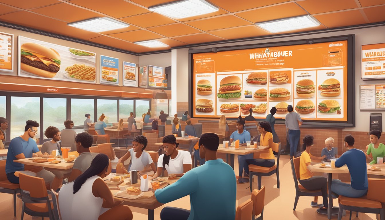 A bustling Whataburger restaurant with a diverse breakfast menu displayed on a large digital screen, surrounded by customers engaging with social media on their smartphones