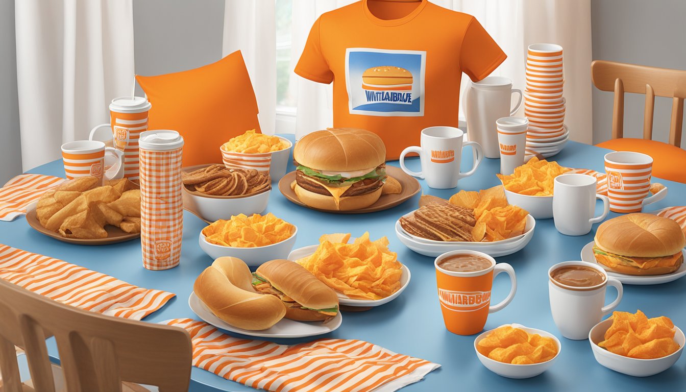 A table with a spread of Whataburger breakfast merchandise, including t-shirts, mugs, and throw pillows, arranged in an inviting display