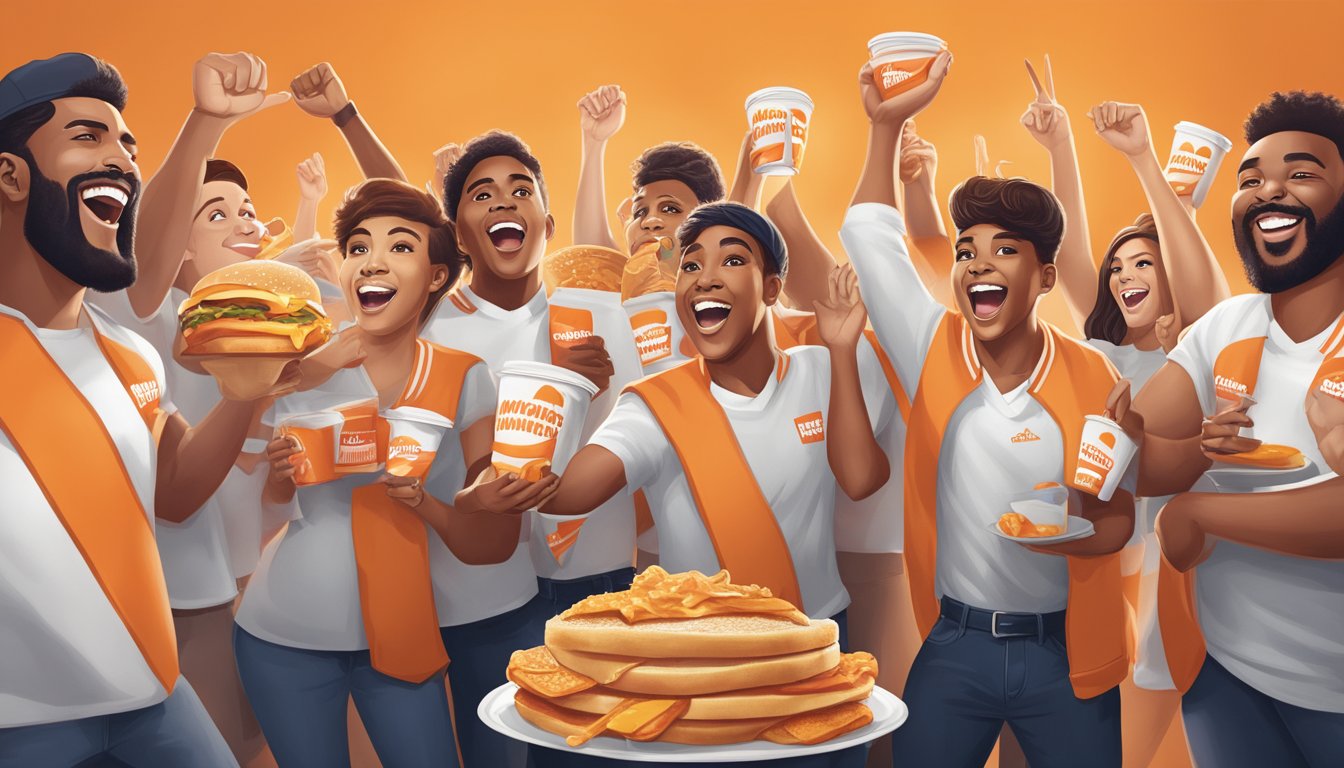 A group of excited fans holding Whataburger breakfast items and wearing branded merchandise while cheering for their favorite celebrity endorsing the restaurant