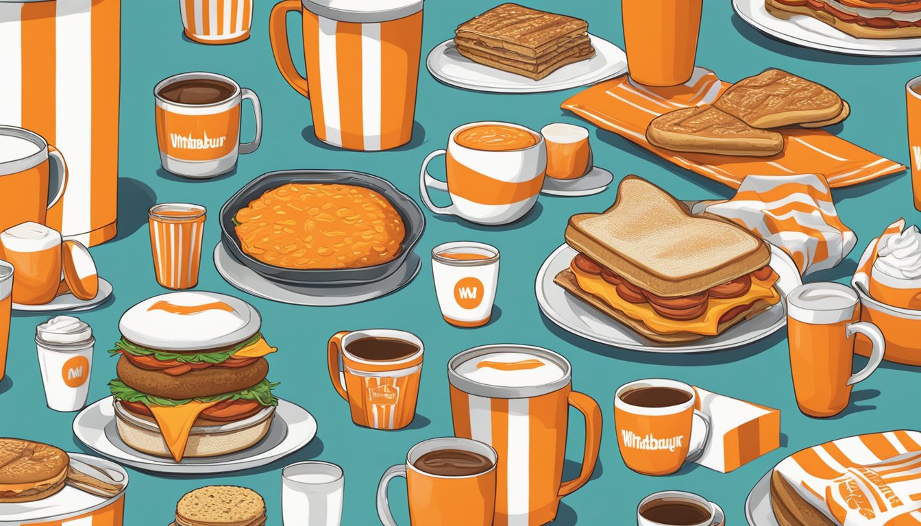 A table displaying various Whataburger breakfast merchandise, including t-shirts, mugs, and throw pillows, with the iconic orange and white color scheme prominent throughout