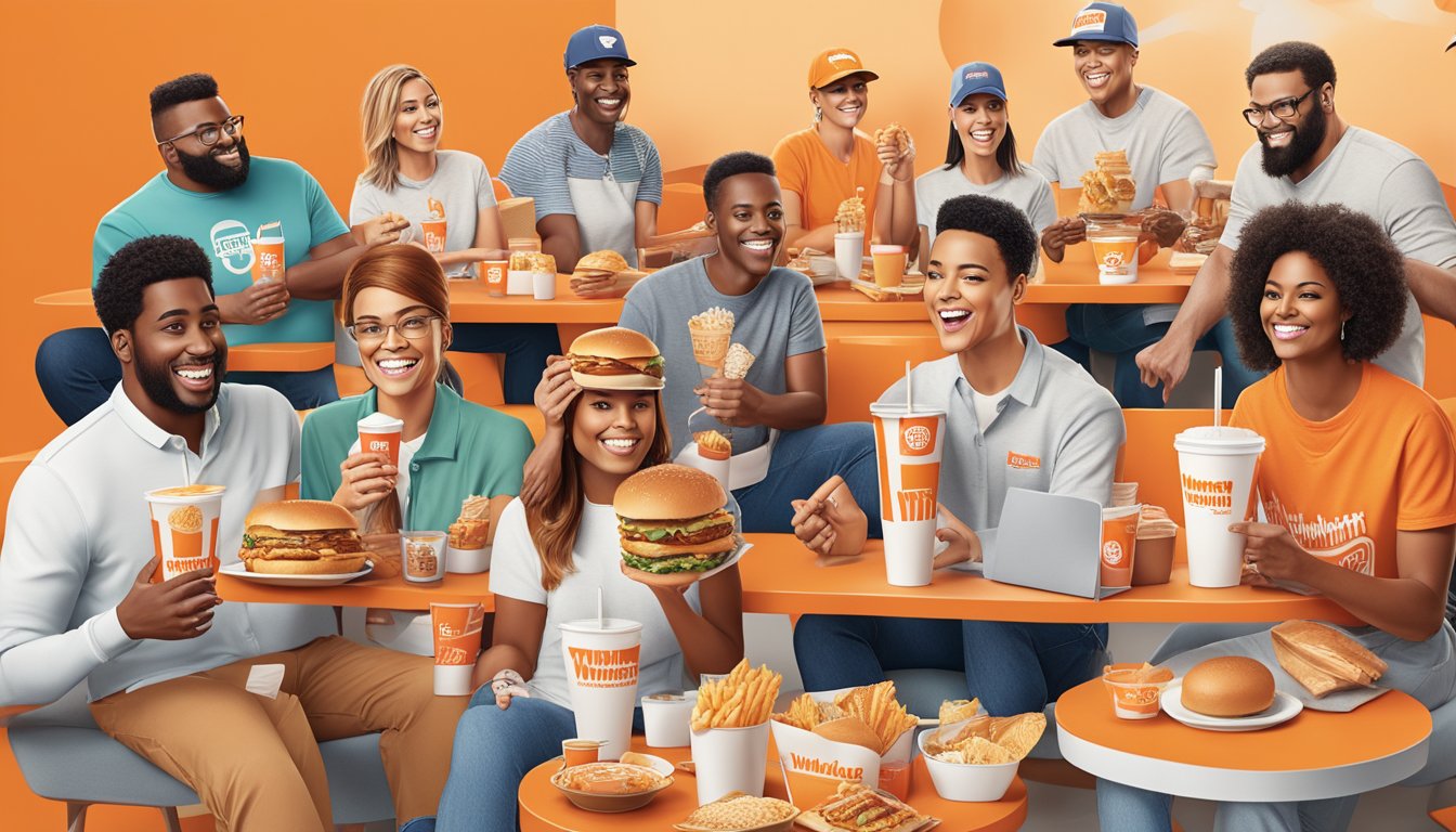 A group of diverse, enthusiastic celebrities enjoying Whataburger's breakfast items, surrounded by iconic brand imagery and marketing materials