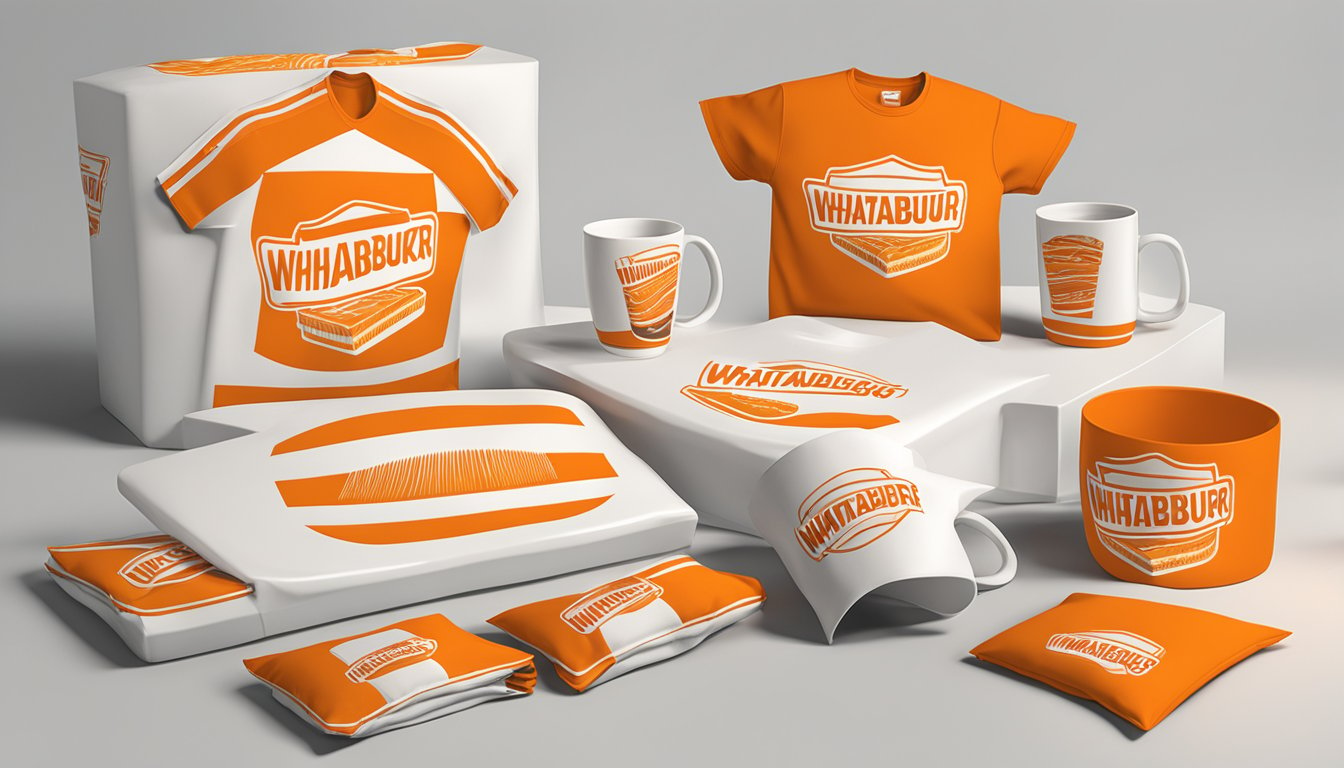 A display table showcasing Whataburger-themed merchandise, including t-shirts, mugs, and throw pillows, with the iconic orange and white color scheme