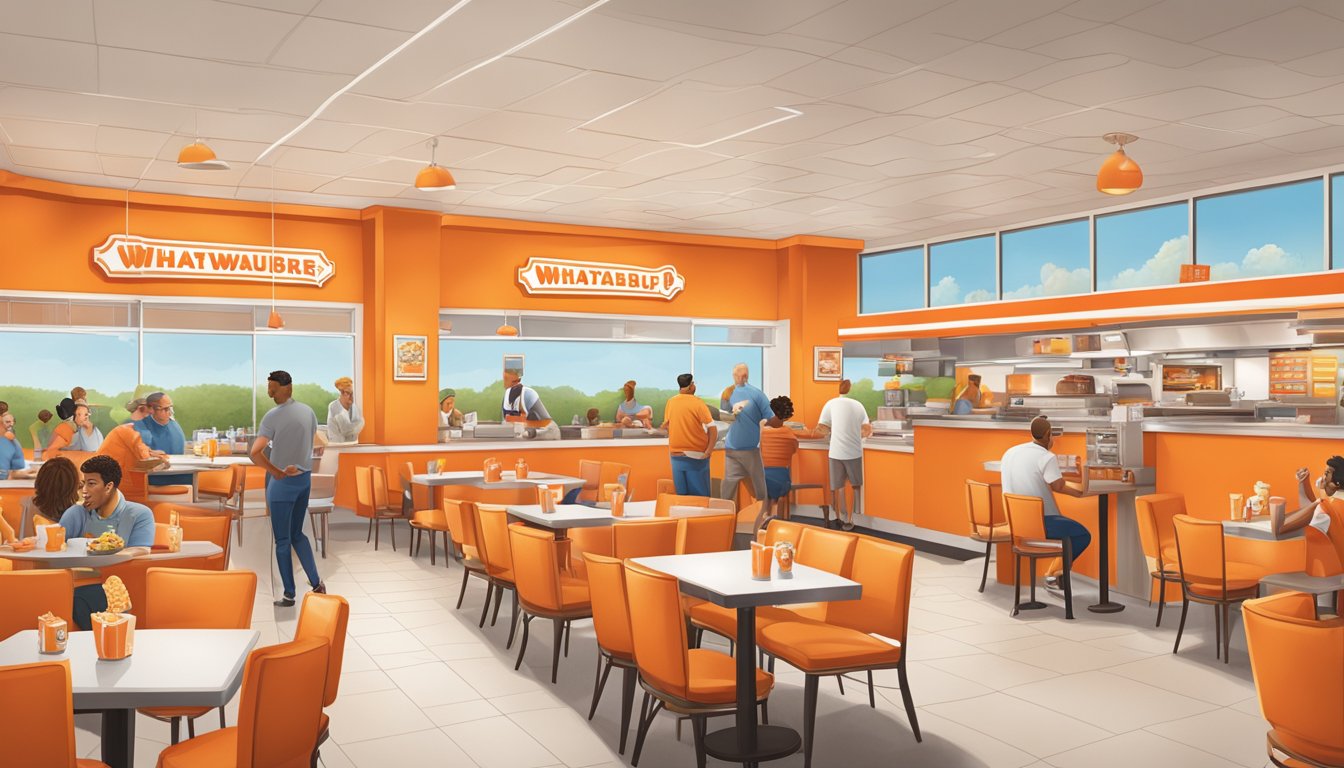 A bustling Whataburger restaurant with iconic orange and white decor, filled with diverse celebrities enjoying breakfast