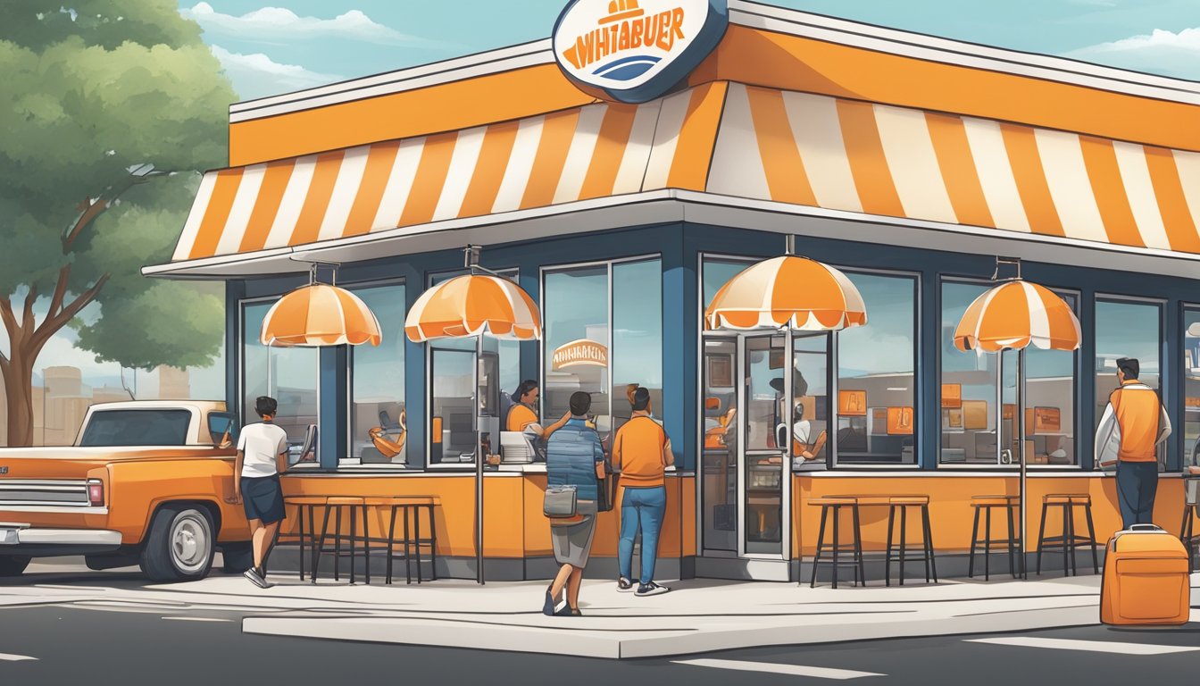 A bustling Whataburger restaurant with a line of customers out the door, while social media logos and breakfast items float above, symbolizing the role of social media in the breakfast popularity