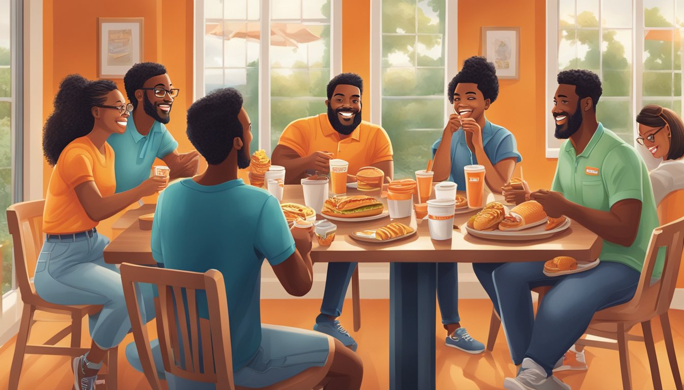 A group of diverse people gather around a table, enjoying Whataburger's breakfast items while engaging in lively conversation and laughter