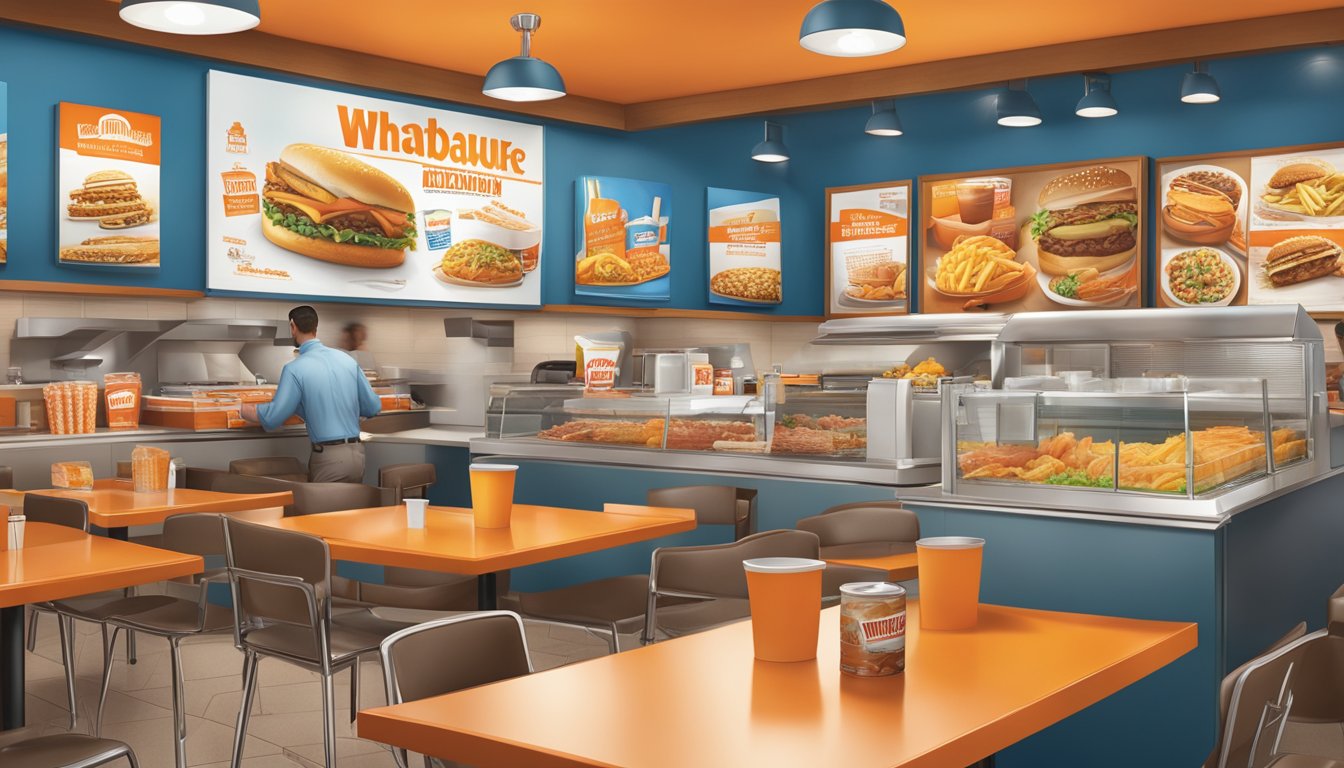 A bustling Whataburger restaurant with a diverse menu display, featuring celebrity endorsements and breakfast options