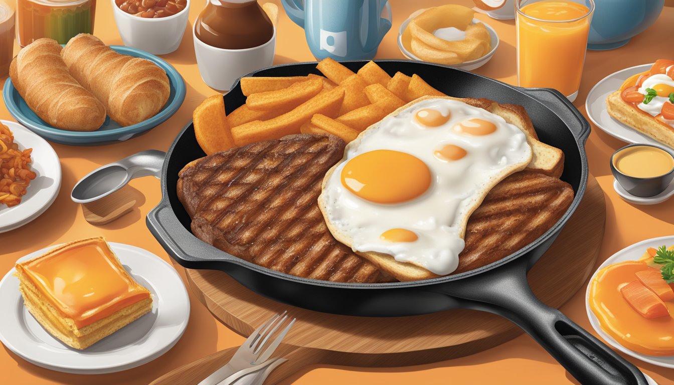 A sizzling skillet holds a spread of classic breakfast items alongside modern twists, showcasing the heritage of Whataburger's breakfast menu