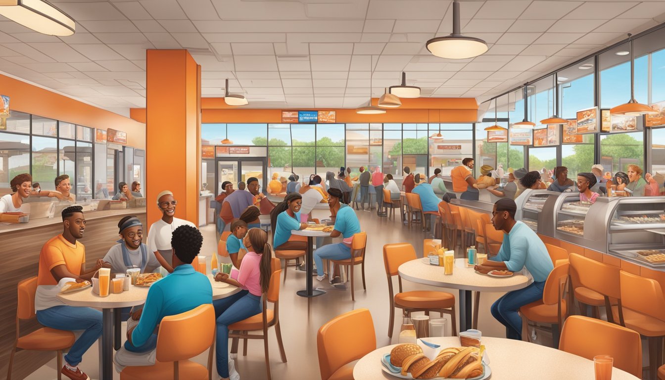 A bustling Whataburger restaurant with a diverse group of customers enjoying breakfast, including a few recognizable celebrities