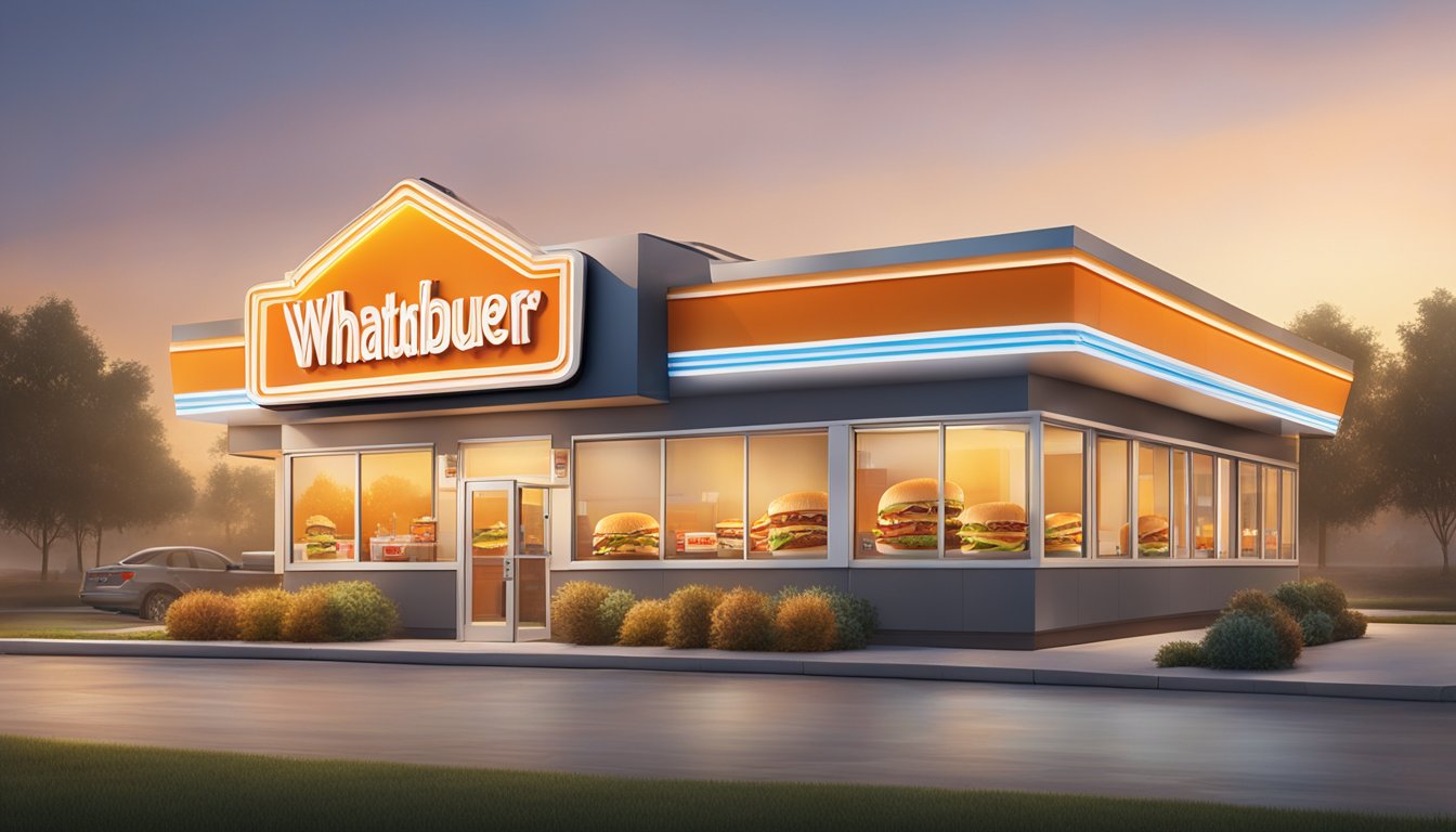 A sunrise-lit Whataburger restaurant with a mix of classic breakfast items and modern offerings displayed on the menu board