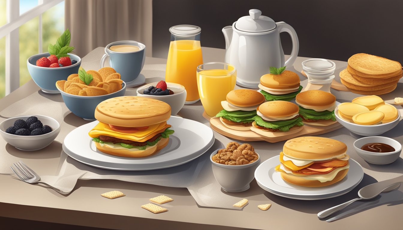 A table set with a variety of breakfast sandwiches and biscuits, surrounded by traditional and innovative ingredients