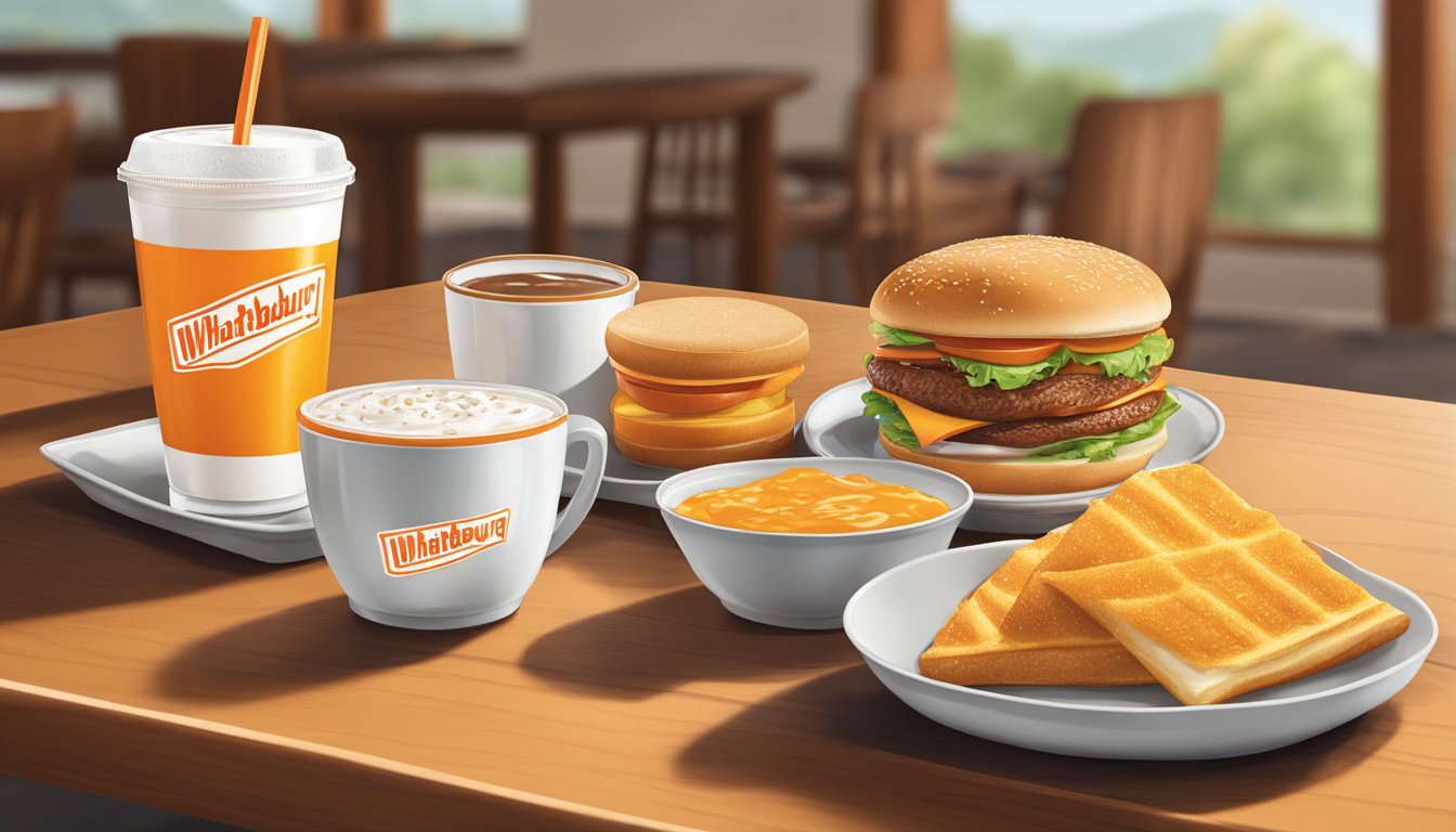 A breakfast table set with a Whataburger meal, featuring traditional and innovative beverages to complement the food