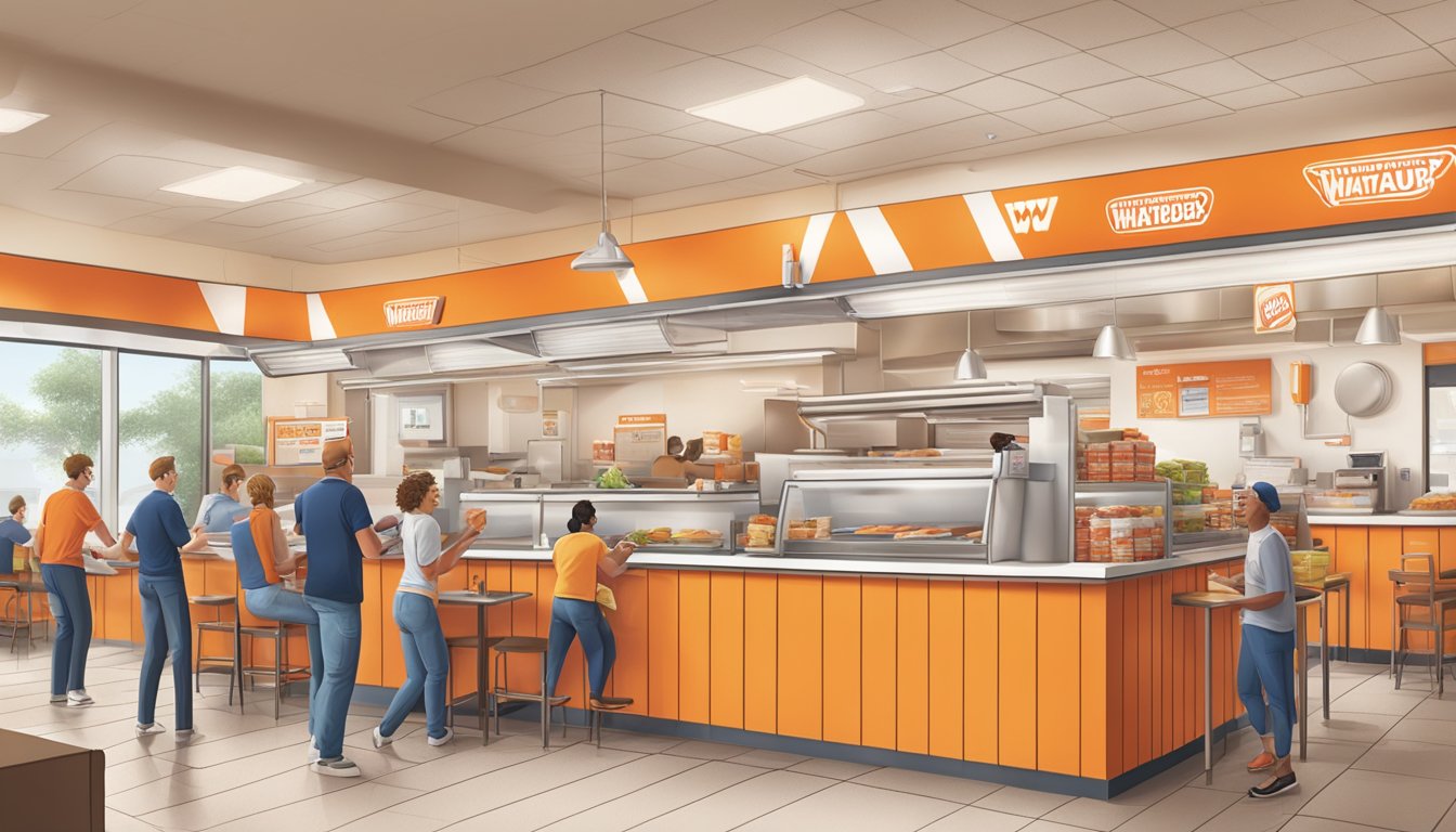 A bustling Whataburger restaurant with customers enjoying breakfast, while staff members collect and recycle polystyrene packaging