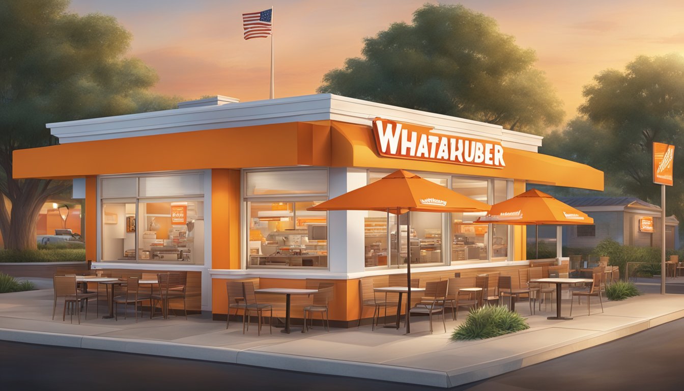 A bustling Whataburger restaurant at dawn, with a mix of traditional breakfast items and innovative new offerings displayed on the menu board