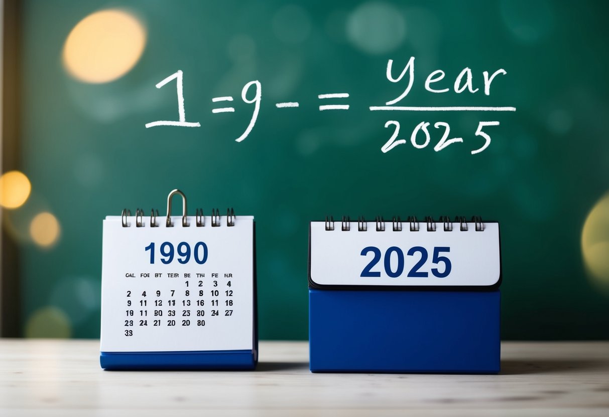 Um calendário mostrando o ano de 1990 e o ano de 2025, com uma equação matemática escrita em um quadro negro.