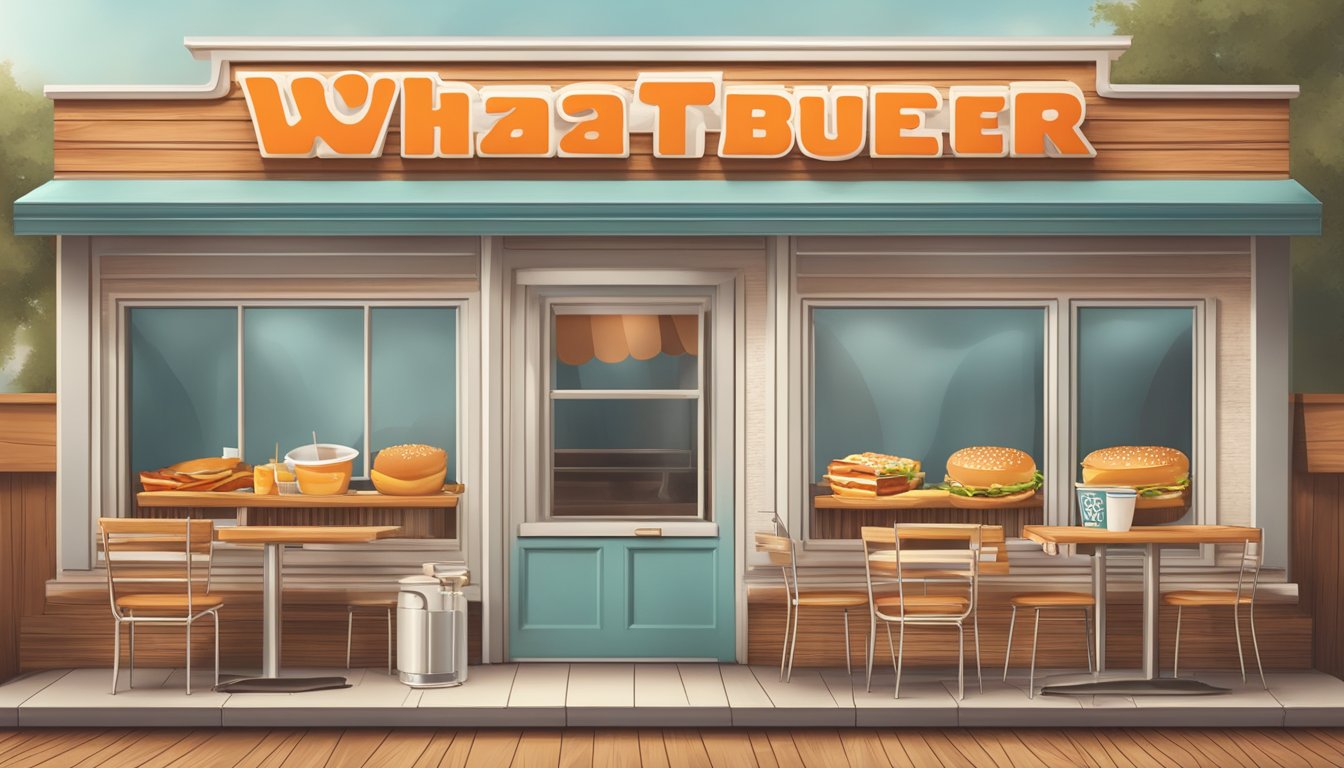 A rustic diner setting with a vintage Whataburger sign and modern breakfast items displayed on a wooden counter