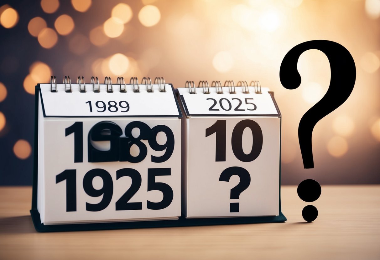 Um calendário mostrando os anos 1989 e 2025 com um ponto de interrogação acima dele