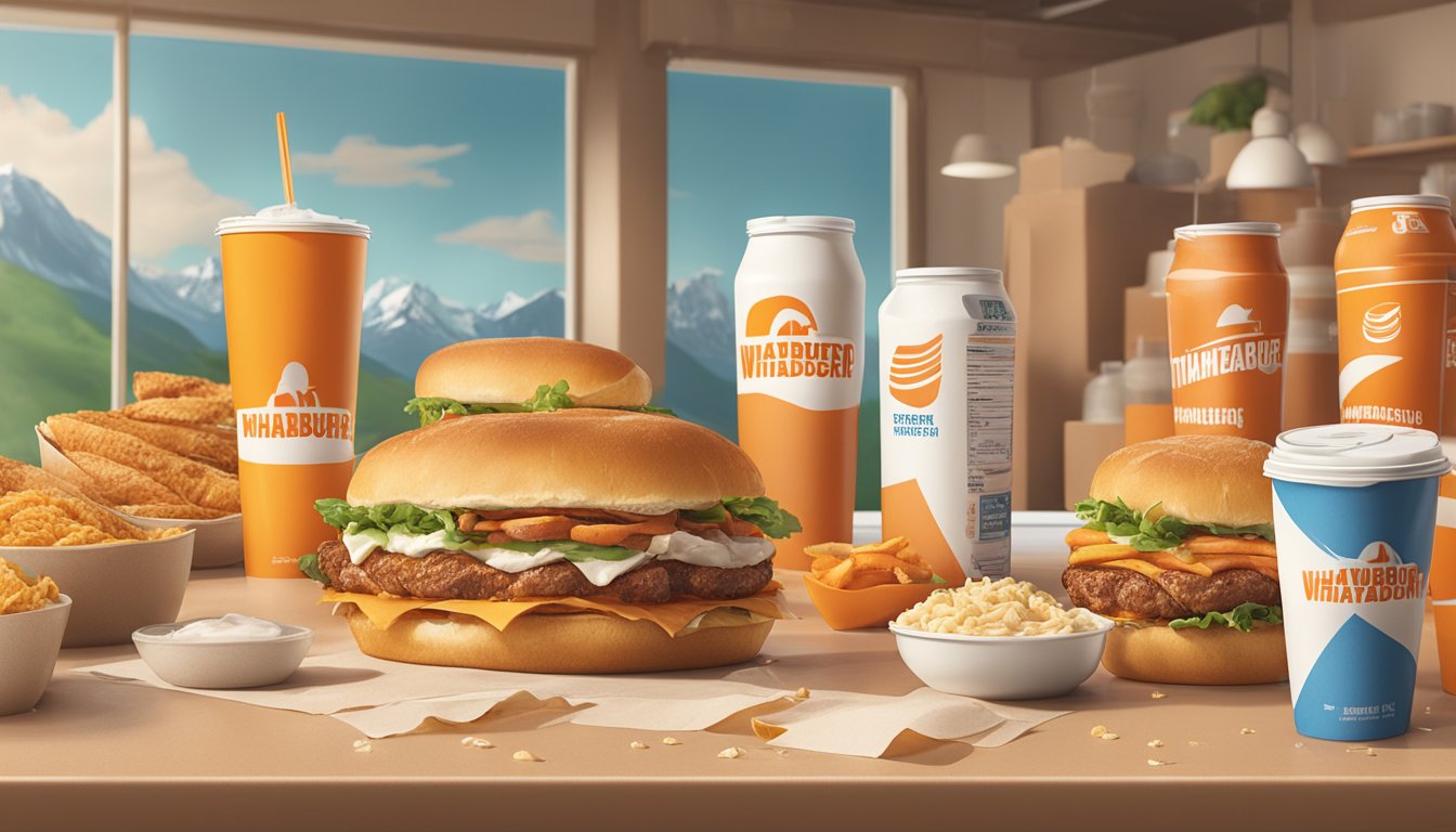 A group of stakeholders discussing Whataburger's breakfast packaging, surrounded by scattered packaging materials and a backdrop of environmental imagery