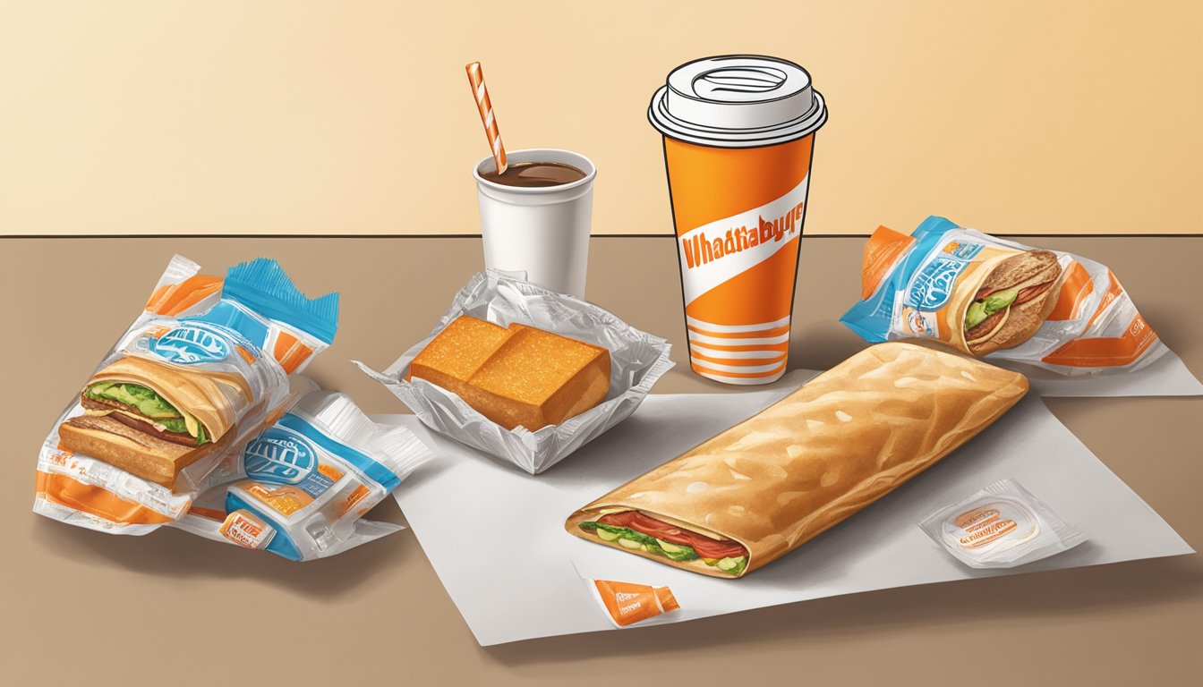 A table at a Whataburger with a breakfast meal wrapper, coffee cup, and condiment packets scattered around