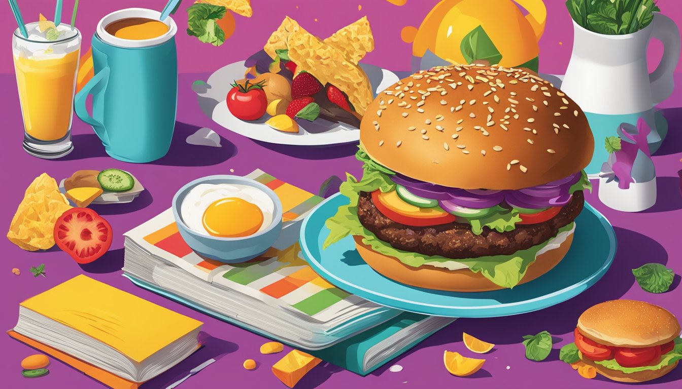 A sizzling gourmet burger and a colorful array of custom breakfast items are displayed on a table, surrounded by vibrant ingredients and a thought-provoking book on the psychology of cravings