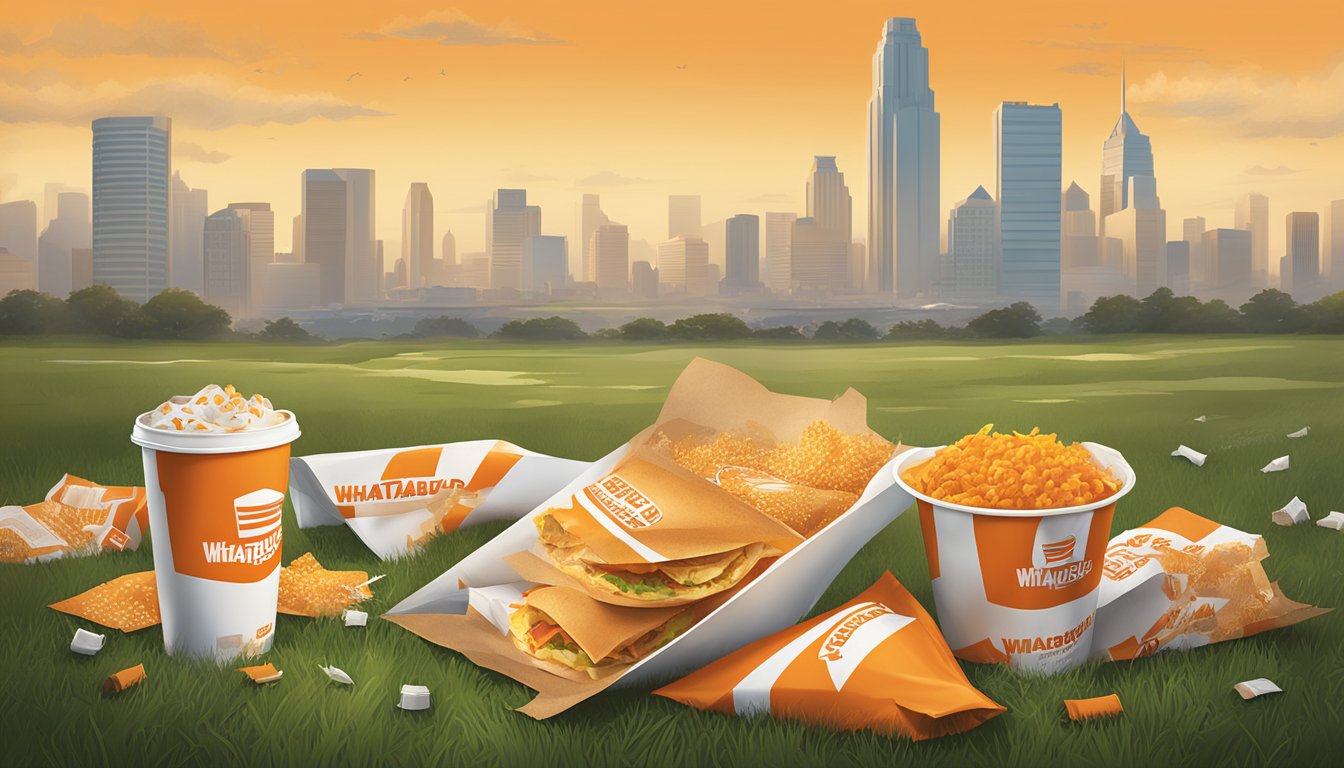 A pile of Whataburger breakfast packaging, including cups, wrappers, and bags, scattered across a grassy field with a backdrop of a polluted city skyline