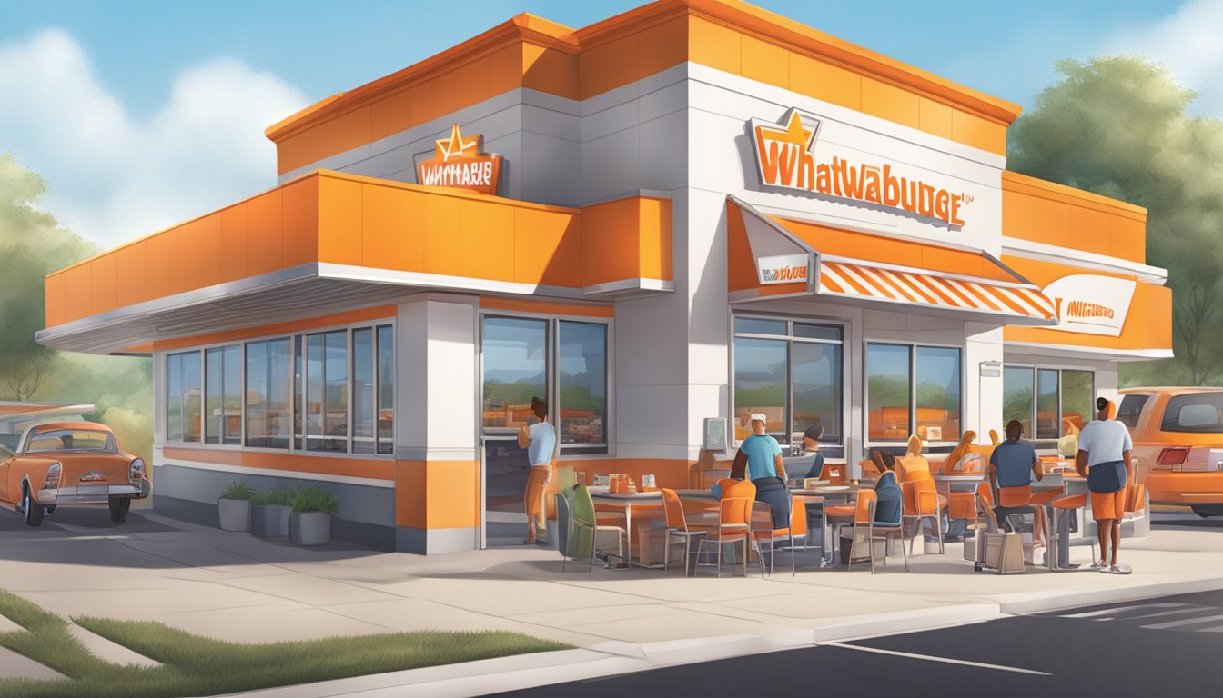 A bustling Whataburger restaurant with a glowing 24/7 sign, drive-thru window, and customers enjoying breakfast meals