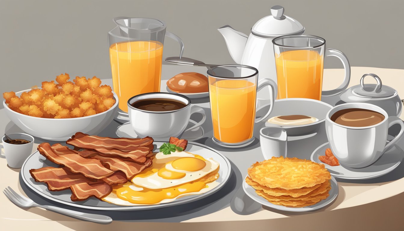 A sizzling breakfast spread with steaming eggs, crispy bacon, and golden hash browns, surrounded by fresh orange juice and aromatic coffee