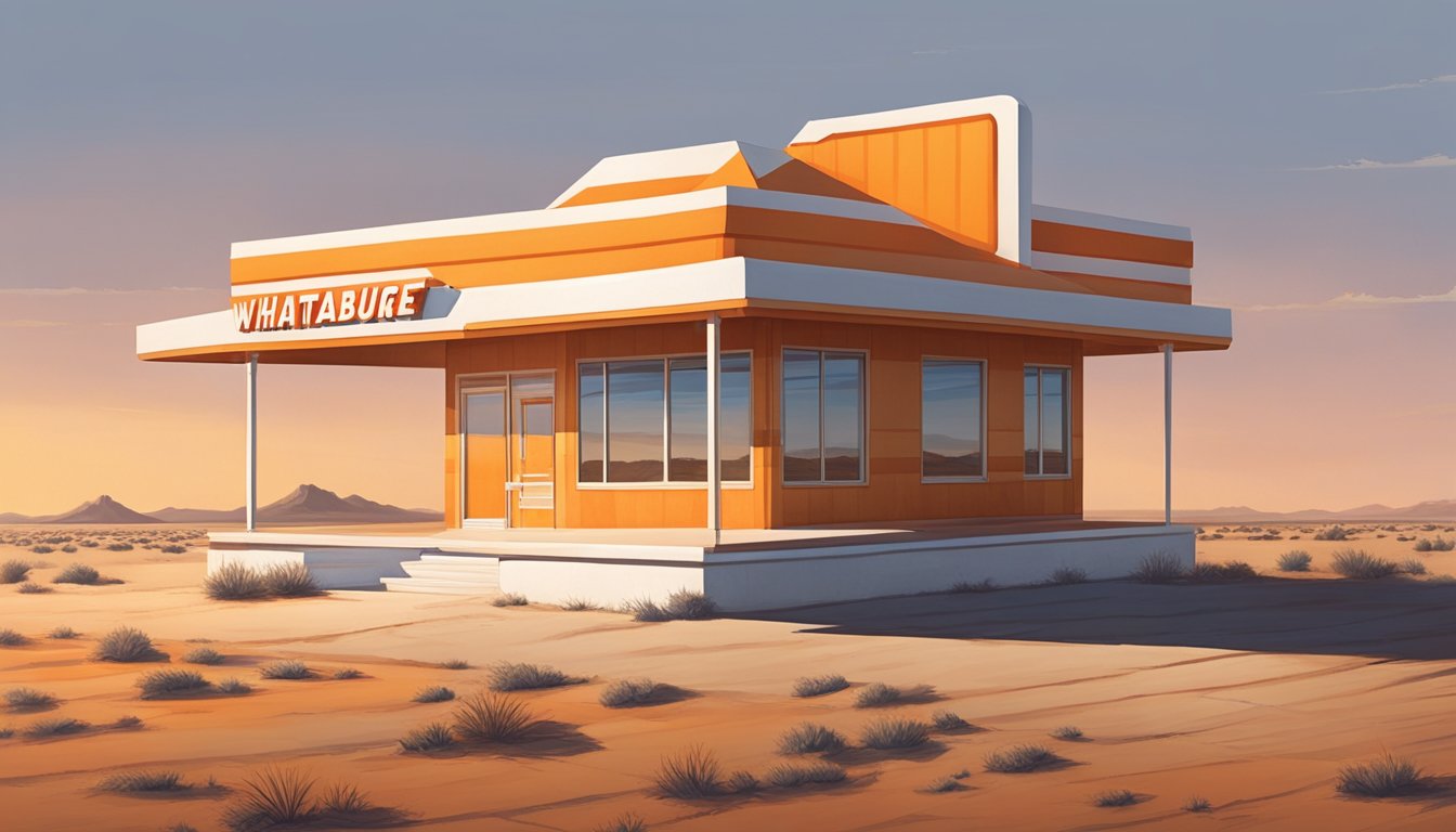 A lone Whataburger stands in a vast, desolate landscape, its orange and white stripes contrasting against the barren surroundings. Sunrise illuminates the scene, highlighting the isolation of the remote location