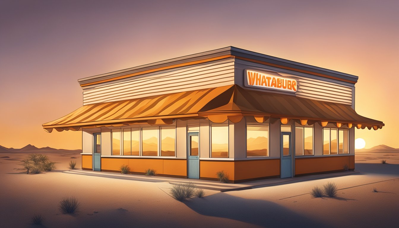 A lone Whataburger restaurant sitting in the middle of a vast, empty desert, with the sun rising in the background